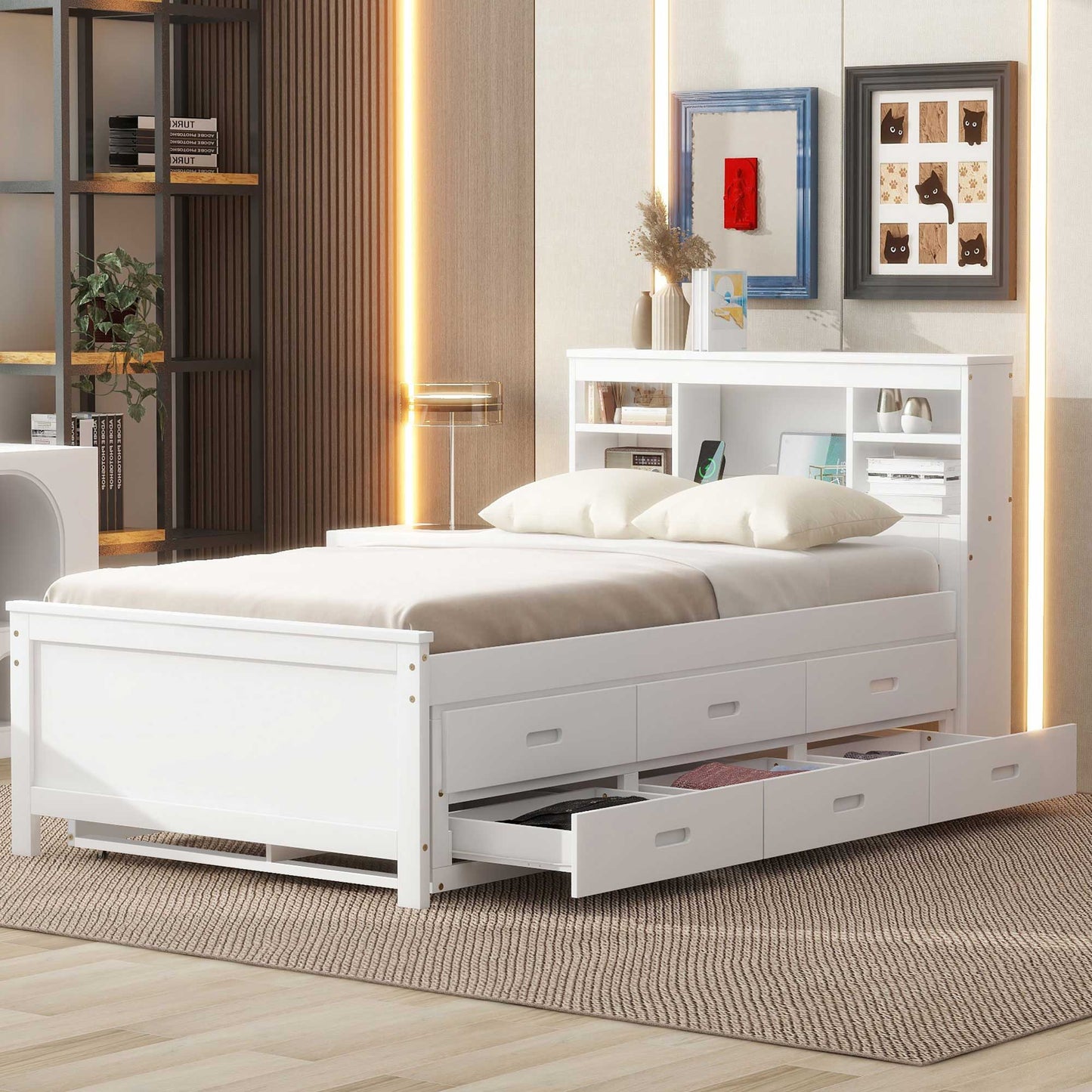 Platform bed with 3 drawers and trundle in white wood finish on Tampa Home & Garden Store