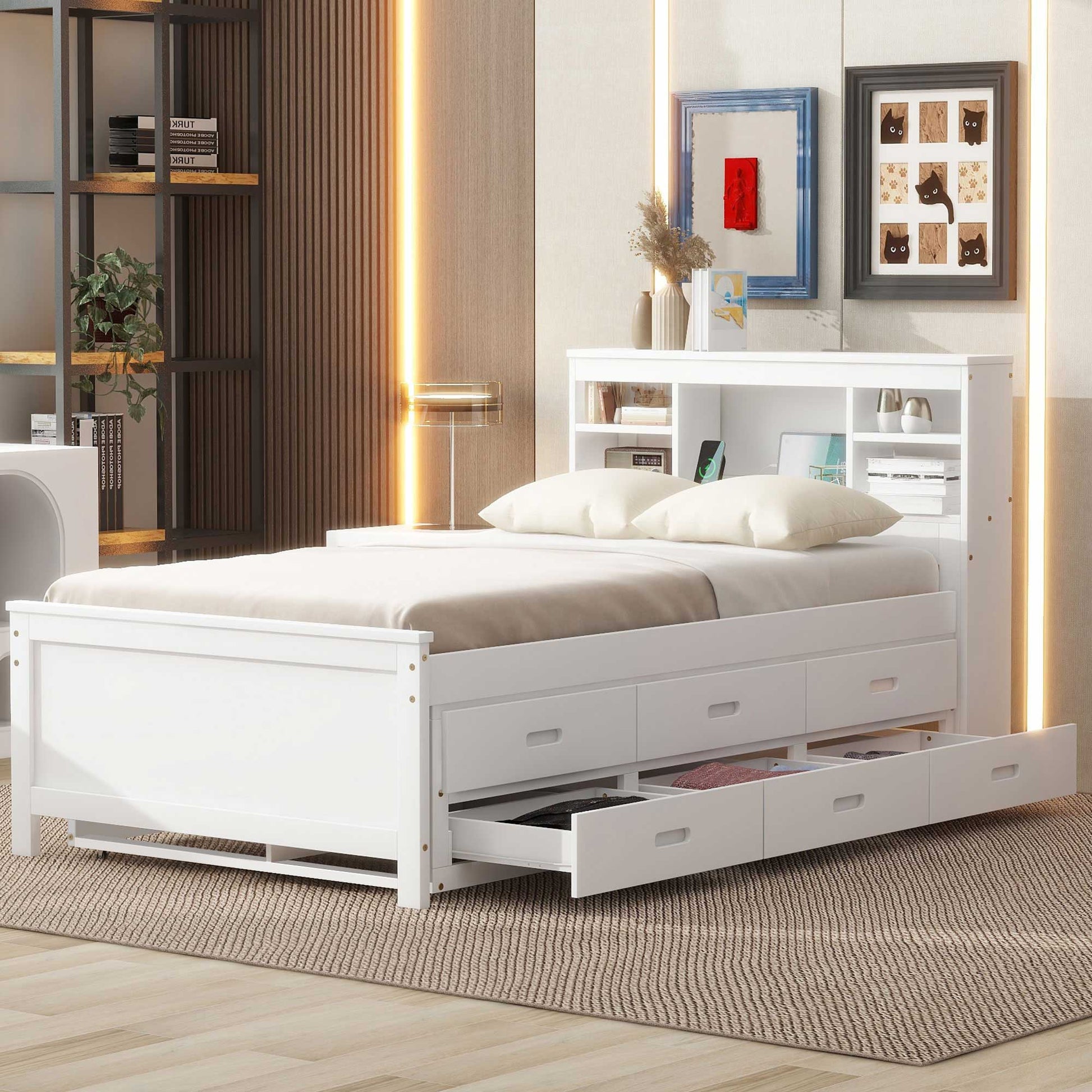Platform bed with 3 drawers and trundle in white wood finish on Tampa Home & Garden Store