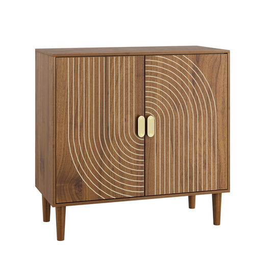 Buffet cabinet by HouseOfZazla with line groove design brown wood doors, gold handles on Tampa Home & Garden Store