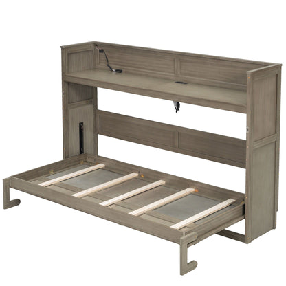 Murphy bed with desk in taupe wood, built-in LED light and USB charging on Tampa Home & Garden Store