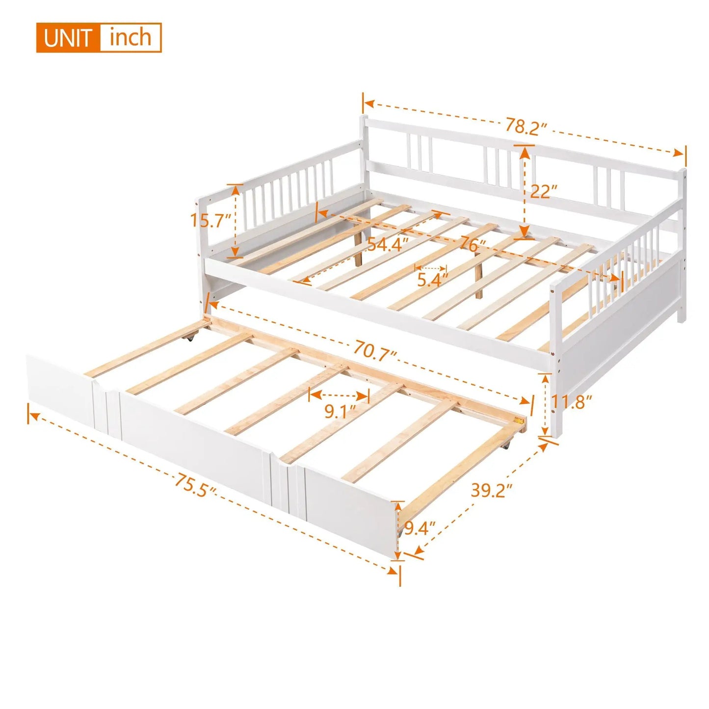 Multifunctional Modern Daybed in white storage bed with slatted base and orange callouts on Tampa Home & Garden Store