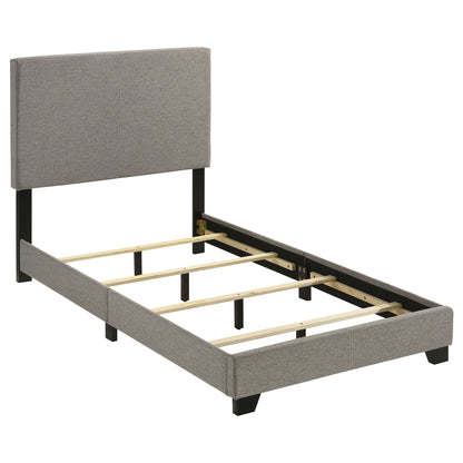 Efram Panel Bed upholstered gray fabric headboard with black metal legs and platform frame on Tampa Home & Garden Store