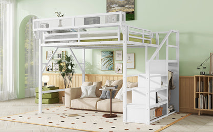 Queen Size Loft Bed with Stairs by HouseOfZazla, white metal frame with storage shelves on Tampa Home & Garden Store