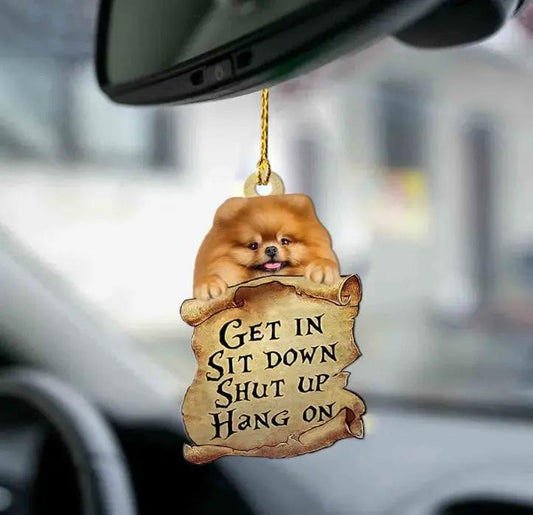 Car pendant with sleeping golden-brown Pomeranian atop Get in Sit down Hang on acrylic ornament on Tampa Home & Garden Store