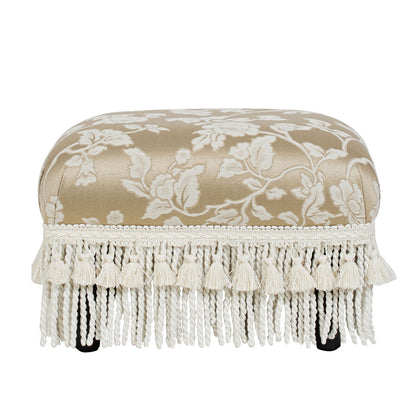 Handcrafted accent footstool ottoman in beige damask fabric with wood frame and fringe tassels on Tampa Home & Garden Store