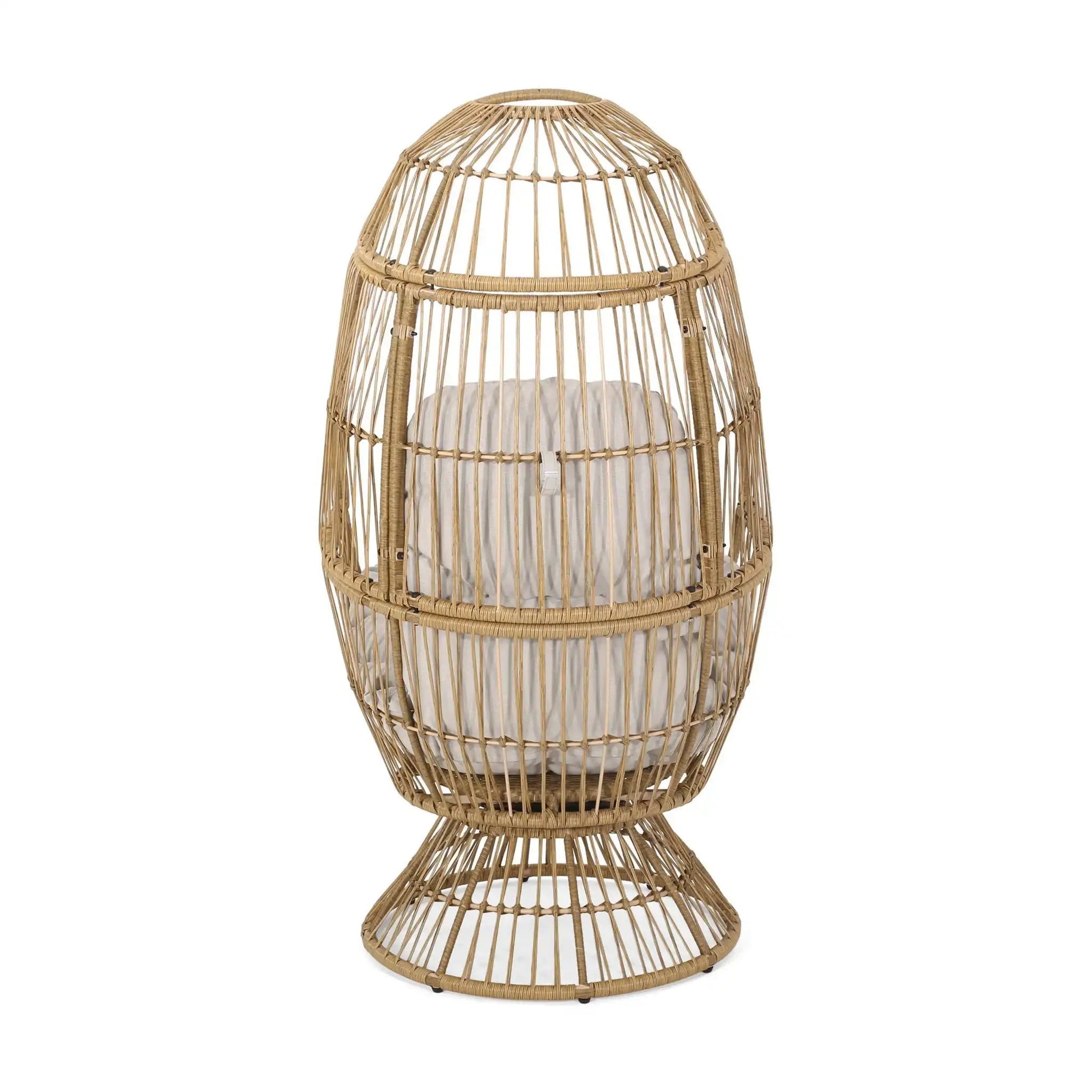 Patio Swivel Basket Egg Chair With Cushion in natural rattan with white cushion on Tampa Home & Garden Store