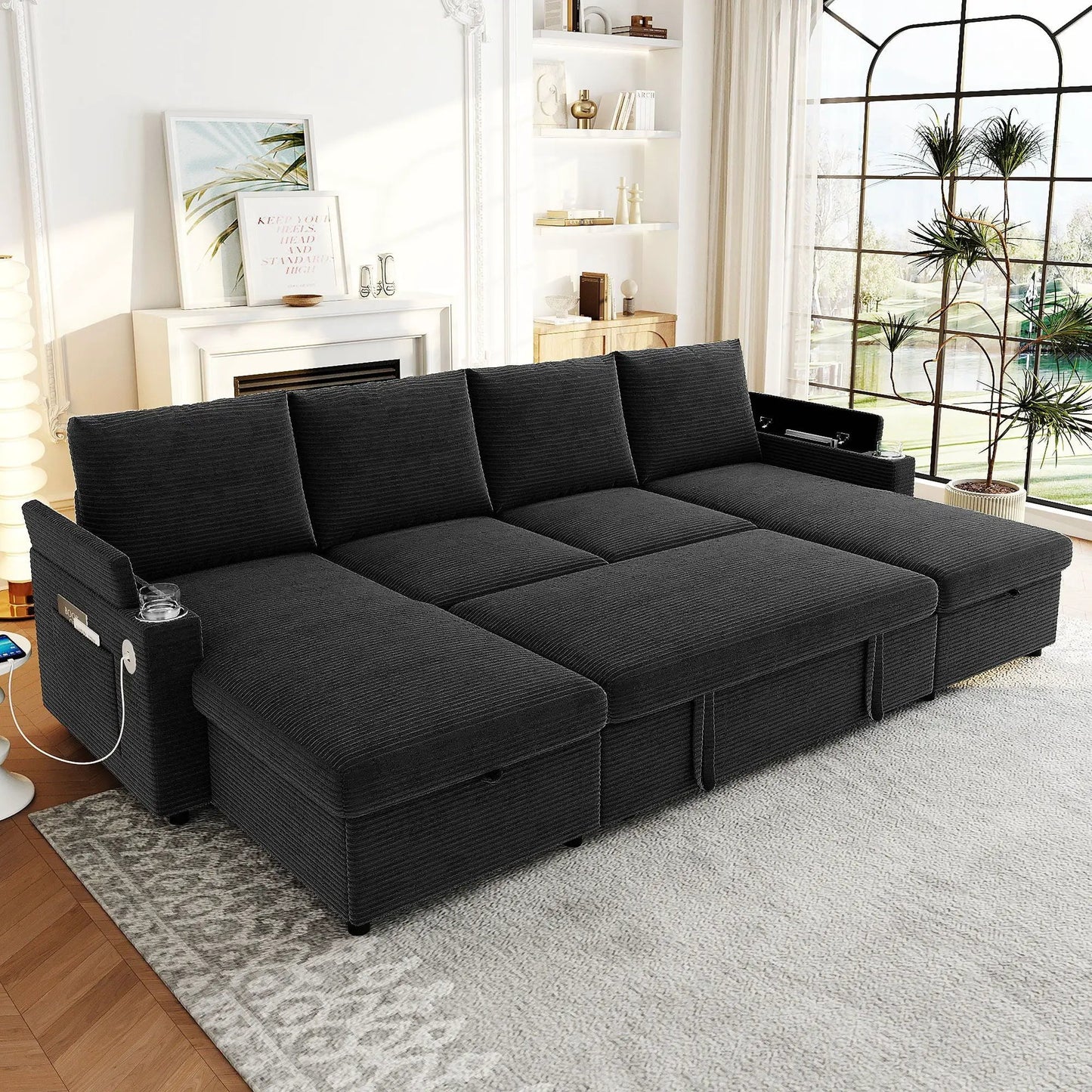 U Shaped Sectional Sofa Bed with Storage Chaise