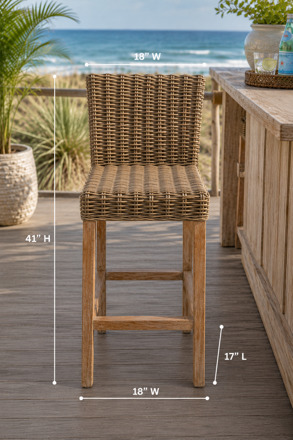 Key Largo Rattan Bar Stool in natural brown with wooden legs on Tampa Home & Garden Store