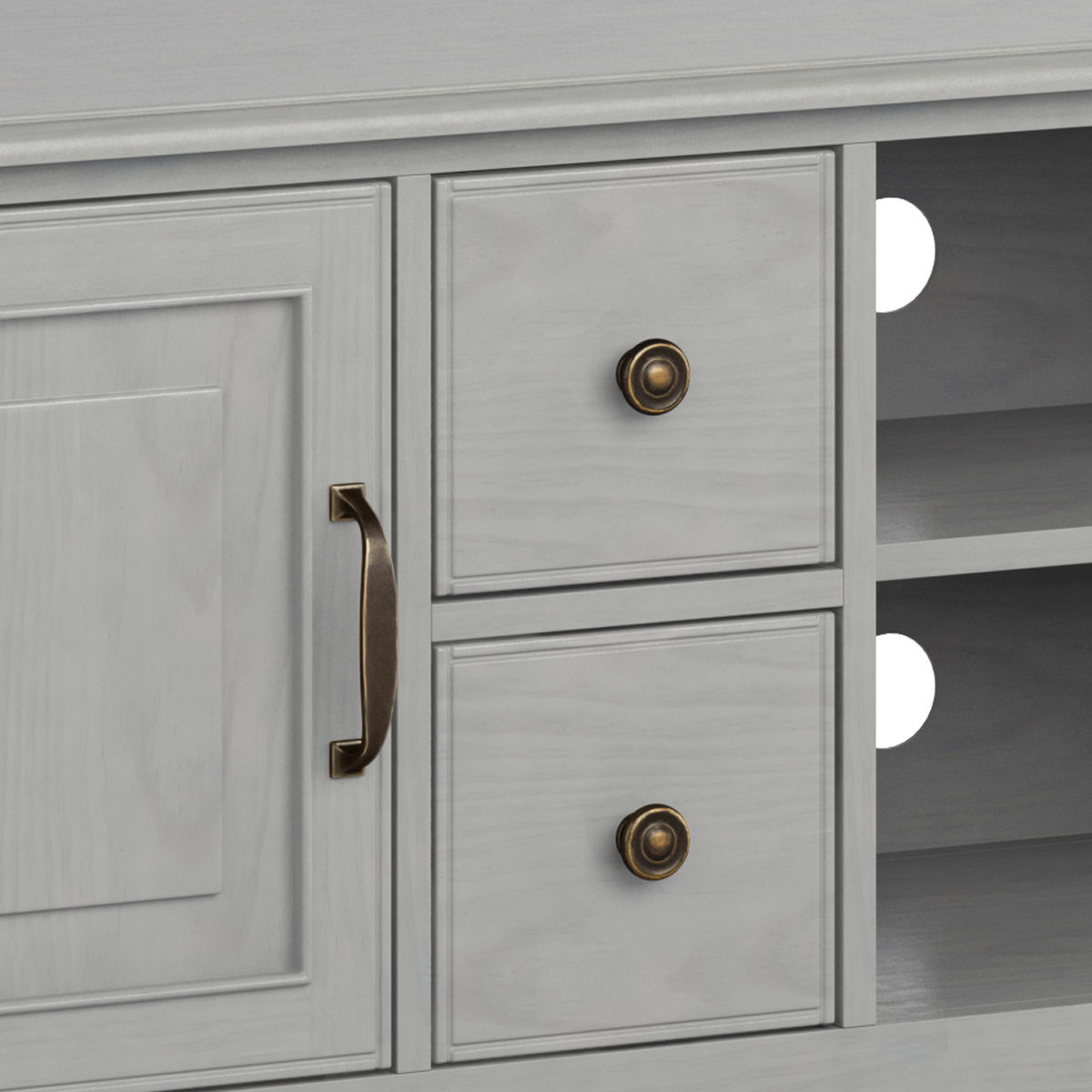Sturdy solid wood TV stand by HouseOfZazla in gray with brass hardware and open shelves on Tampa Home & Garden Store