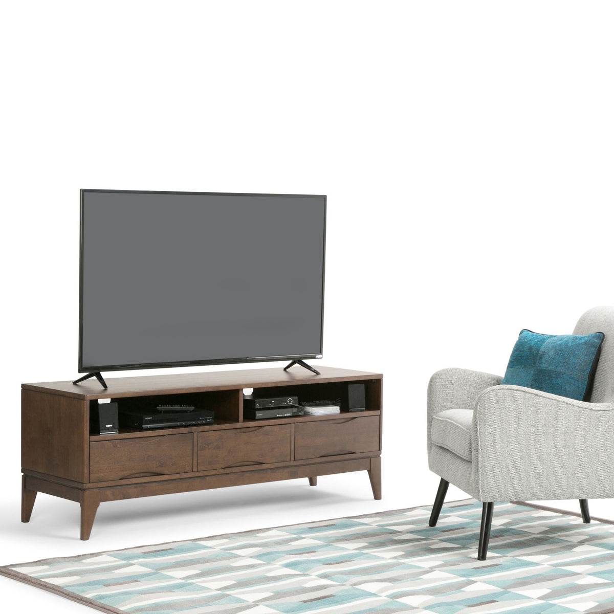 Handcrafted rubberwood TV stand with drawers in dark brown, open media shelves, HouseOfZazla on Tampa Home & Garden Store