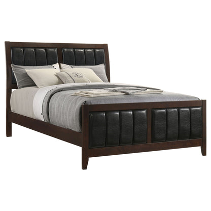 Queen panel bed with brown wood frame and black upholstered headboard by HouseOfZazla on Tampa Home & Garden Store