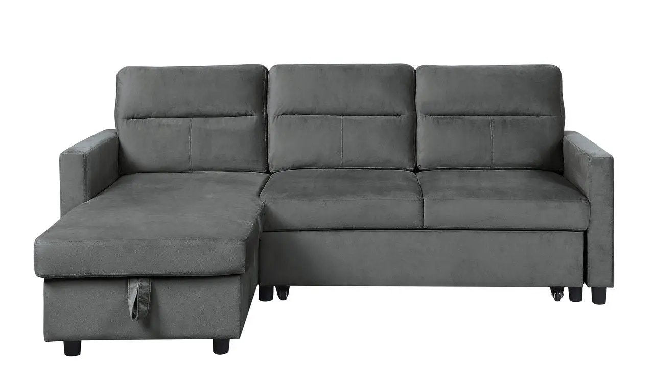 Ivy reversible sleeper sectional sofa with storage chaise and side pocket in gray fabric on Tampa Home & Garden Store