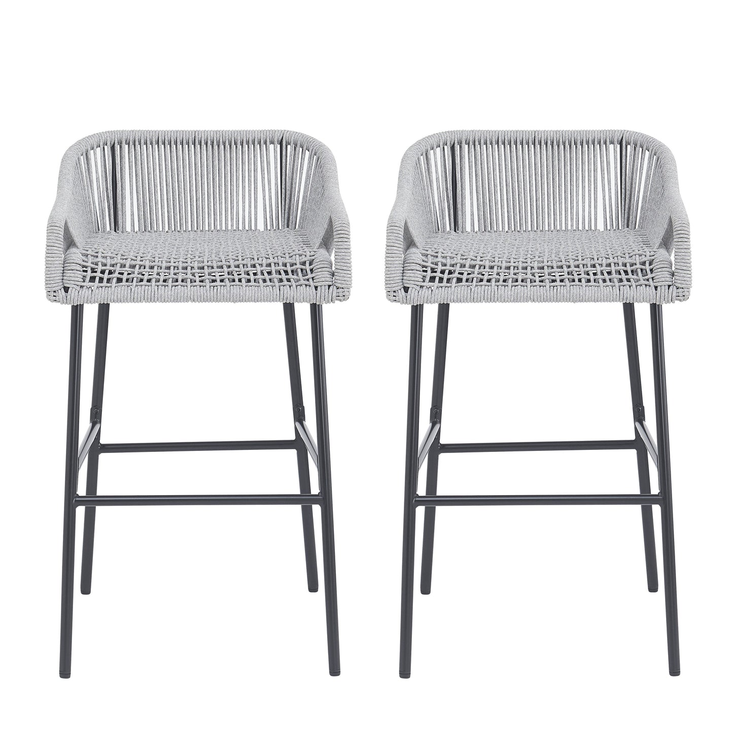 La Push outdoor patio rope bar stool set of 2 in light gray with woven seat and dark legs on Tampa Home & Garden Store