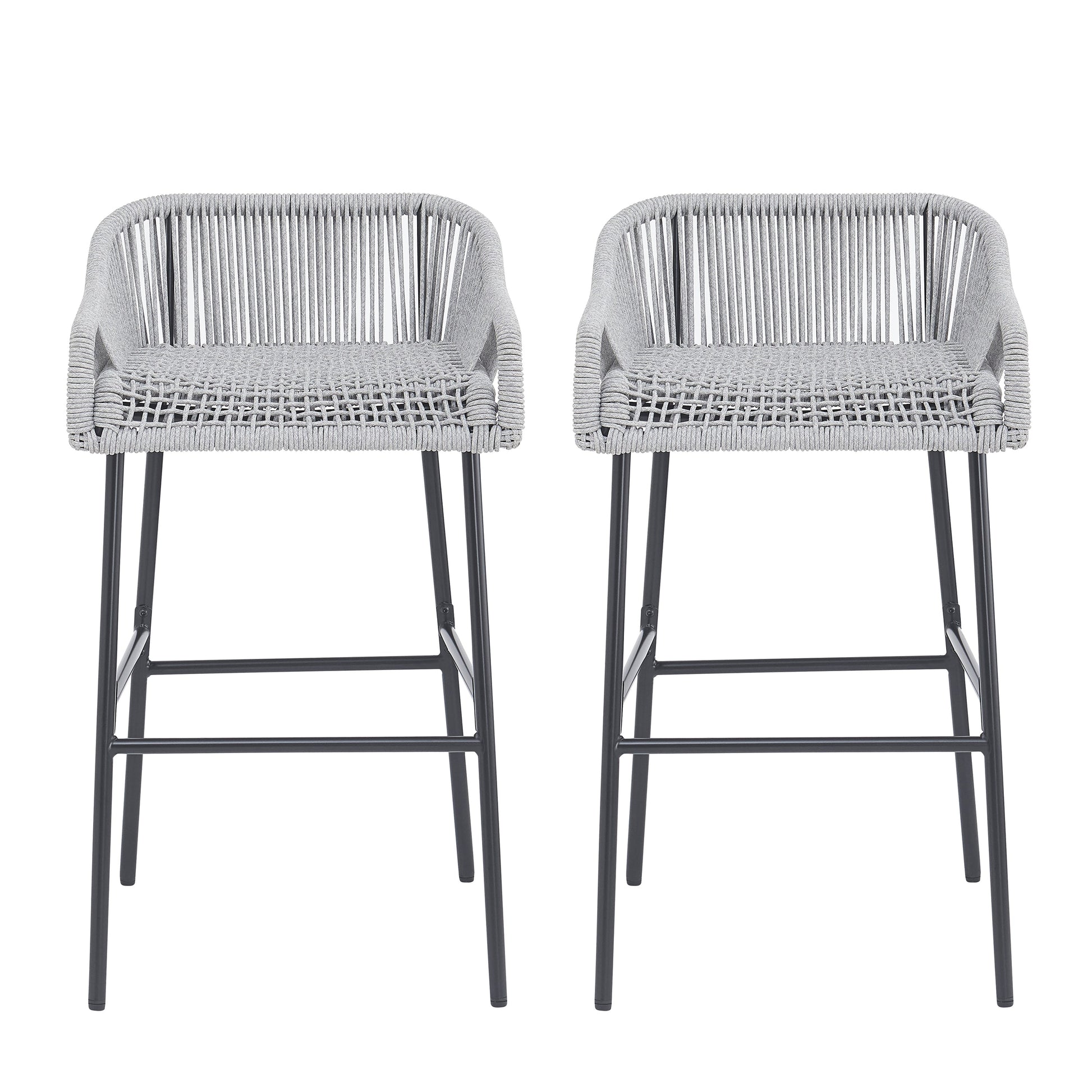 La Push outdoor patio rope bar stool set of 2 in light gray with woven seat and dark legs on Tampa Home & Garden Store