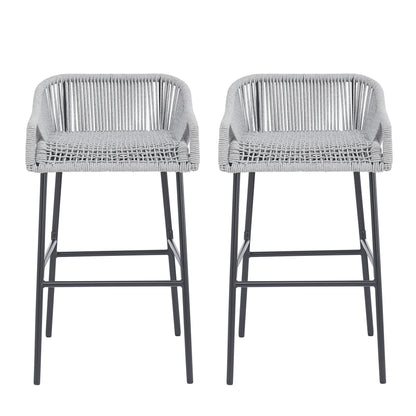 La Push outdoor patio rope bar stool set of 2 in light gray with woven seat and dark legs on Tampa Home & Garden Store