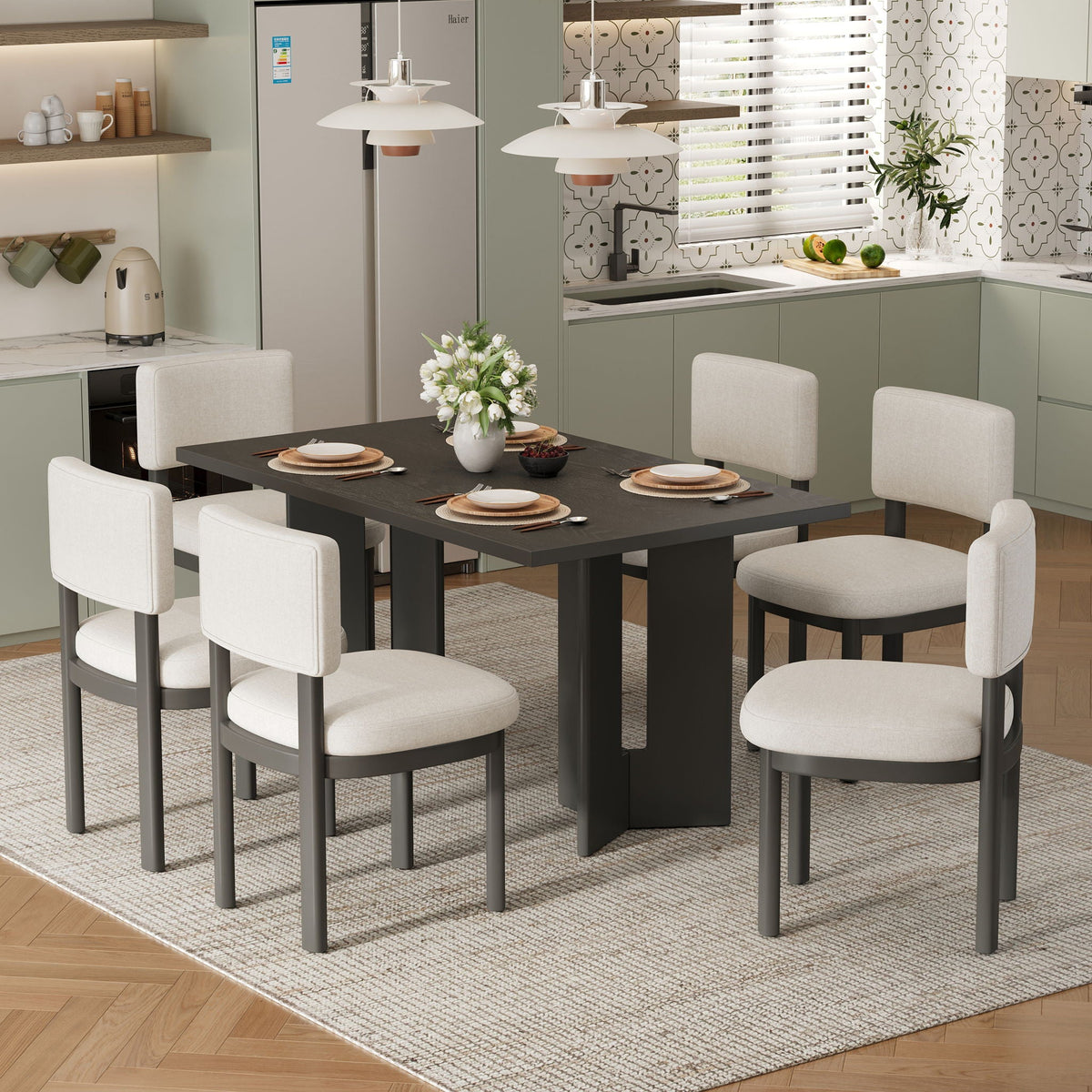 Dining table set with six beige upholstered chairs and a black table in a modern kitchen on Tampa Home & Garden Store