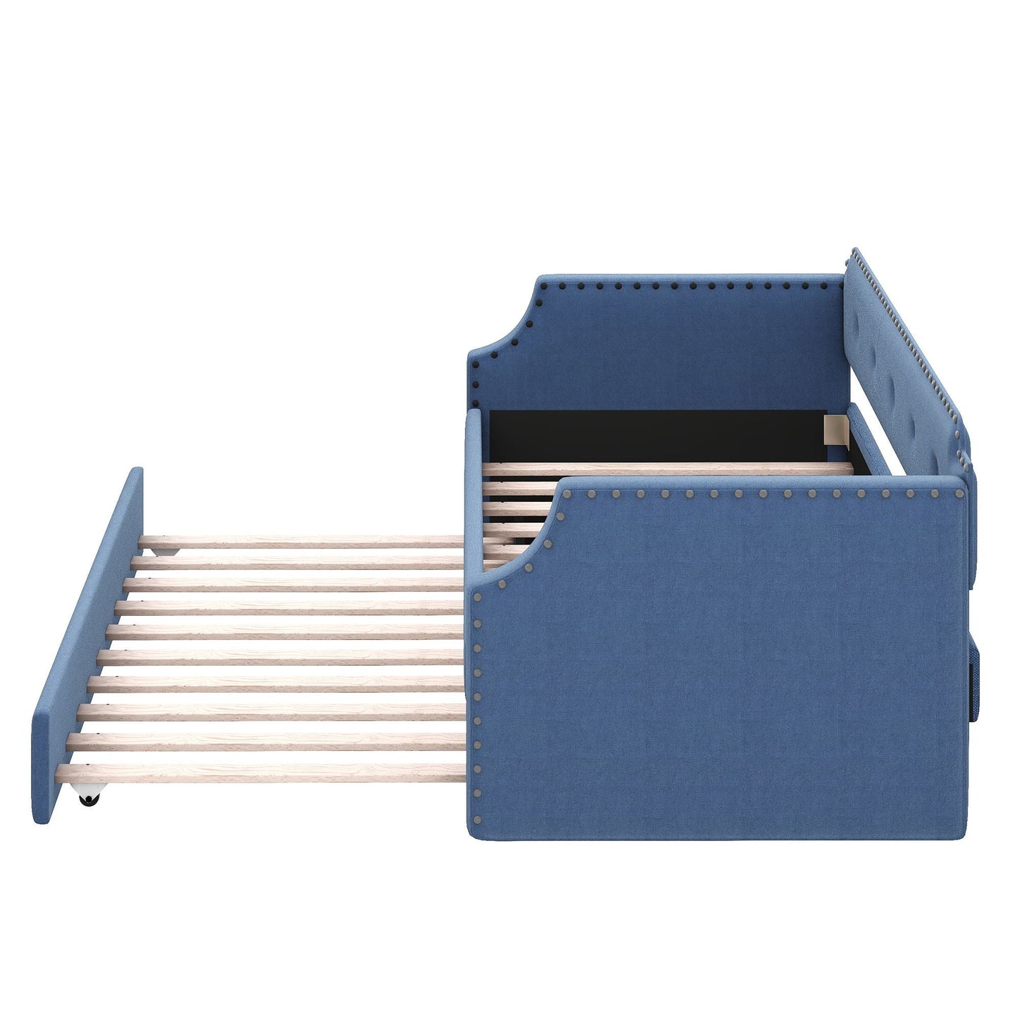 Upholstered blue daybed with trundle, nailhead trim, and visible wooden slats on Tampa Home & Garden Store