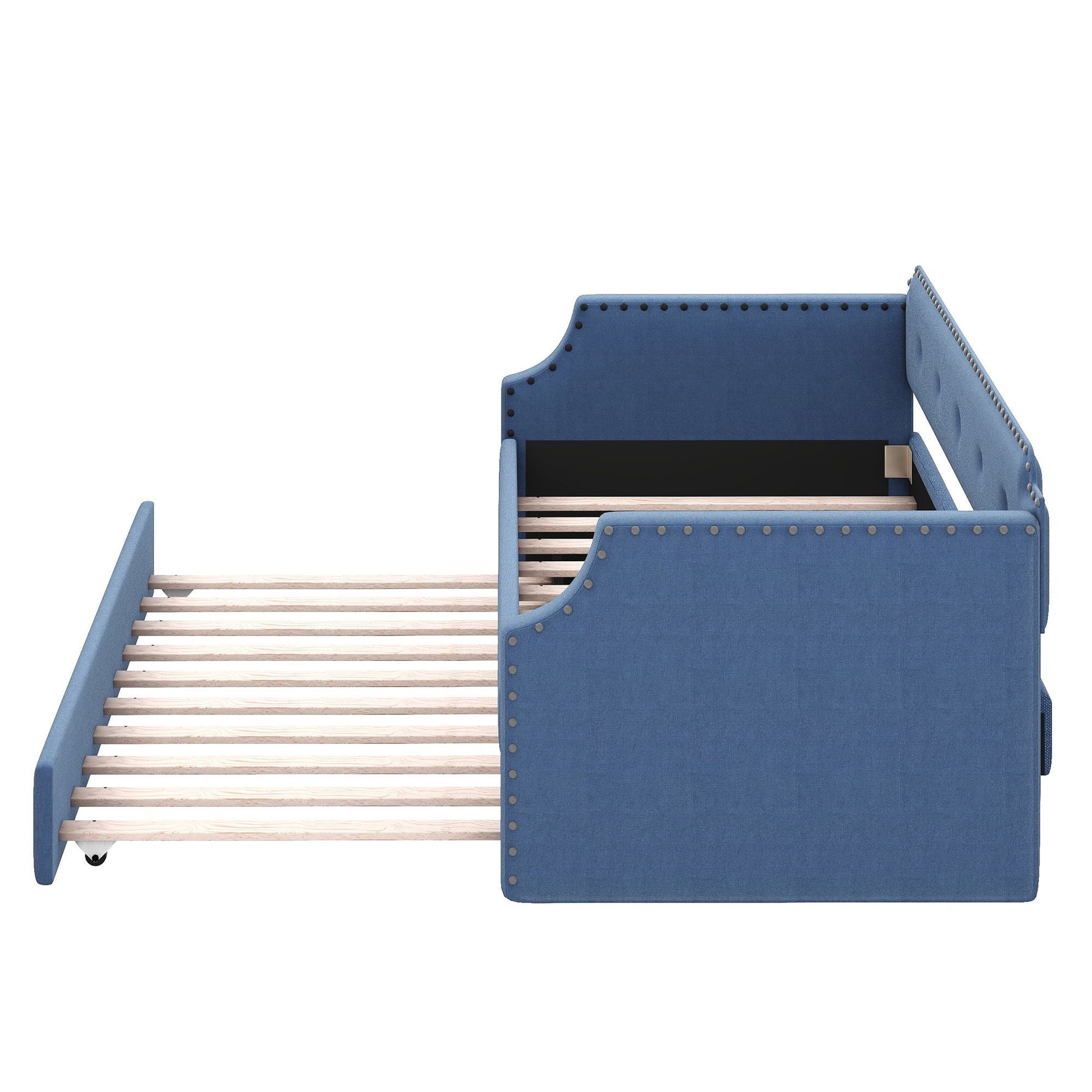 Upholstered blue daybed with trundle, nailhead trim, and visible wooden slats on Tampa Home & Garden Store