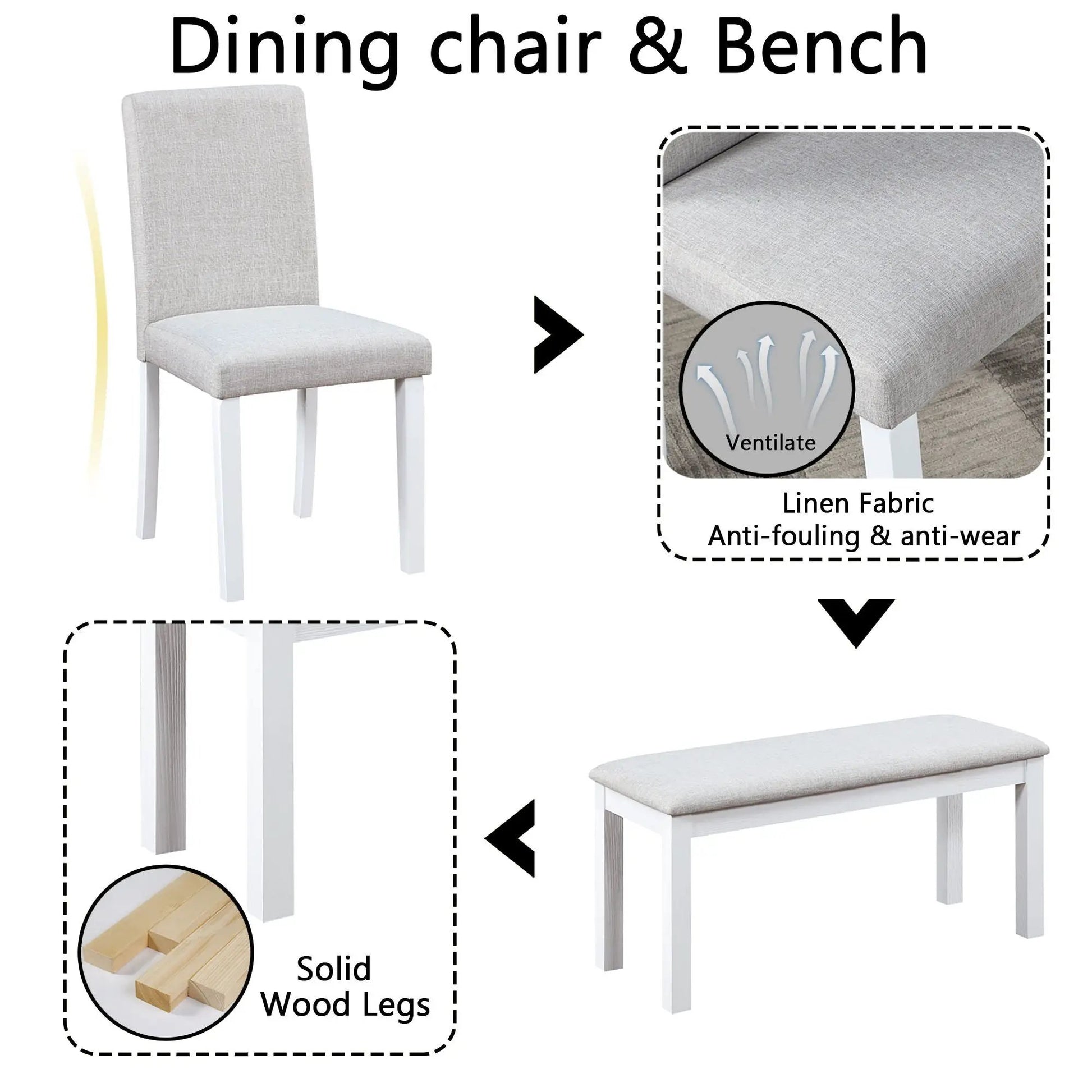 Dining chair & bench in linen fabric with solid wood legs 5pc set on Tampa Home & Garden Store