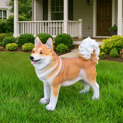 Lifelike Shiba Inu statue in tan and white by HouseOfZazla on a green lawn in front of a porch on Tampa Home & Garden Store