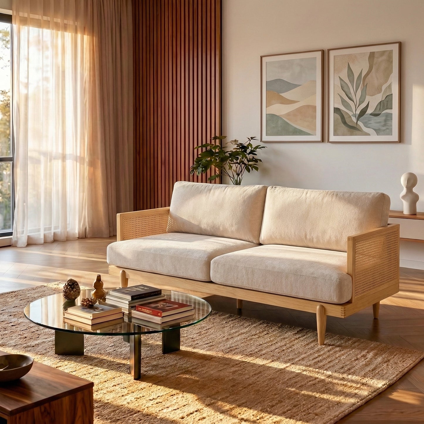 Emir 72in 3-seater boucle sofa with cane rattan and wooden frame creamy upholstery on Tampa Home & Garden Store