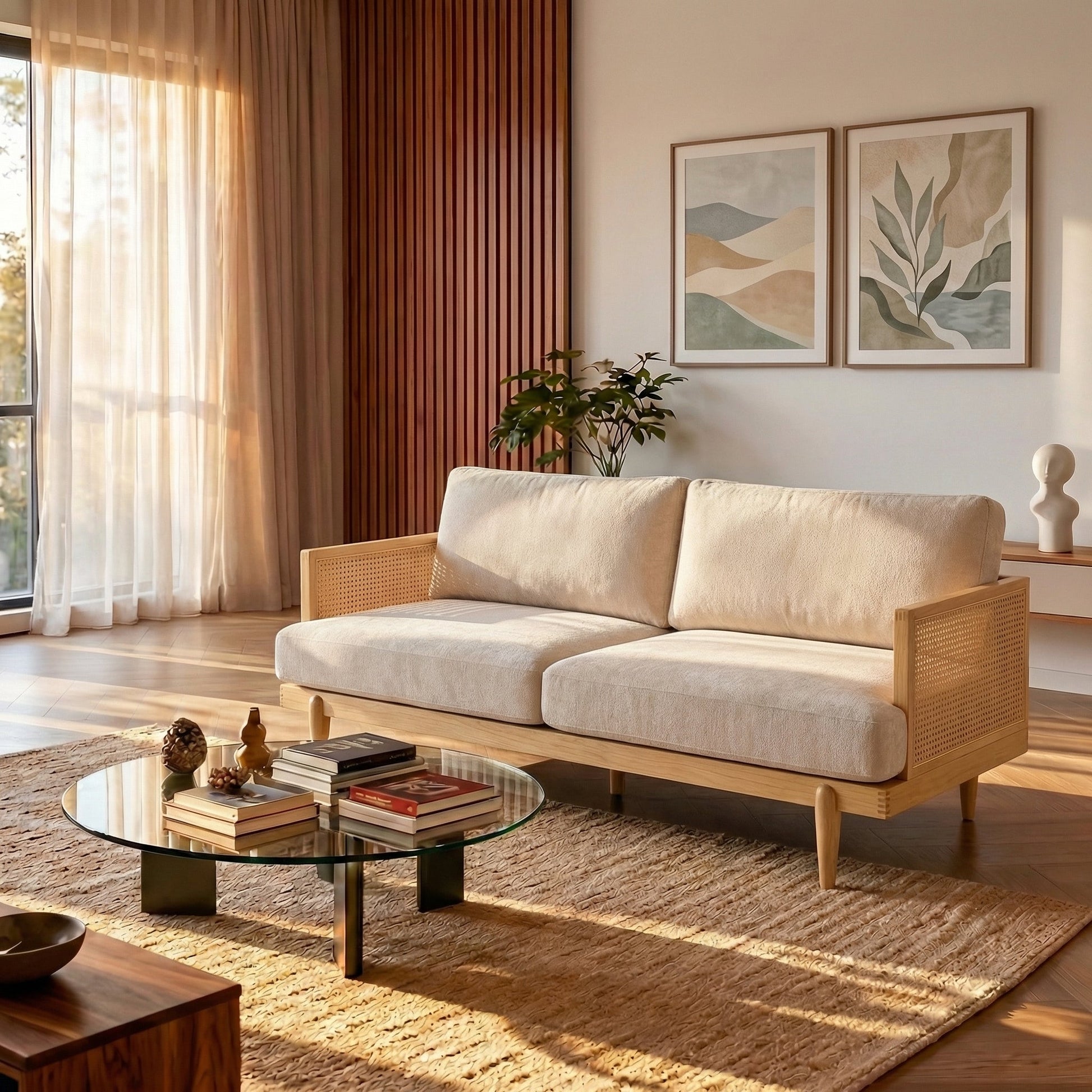 Emir 72in 3-seater boucle sofa with cane rattan and wooden frame creamy upholstery on Tampa Home & Garden Store