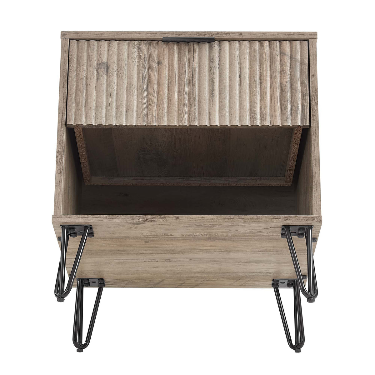 Modern nightstand with fluted drawer front, natural wood finish, and black metal handles on Tampa Home & Garden Store
