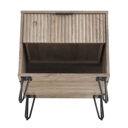 Modern nightstand with fluted drawer front, natural wood finish, and black metal handles on Tampa Home & Garden Store