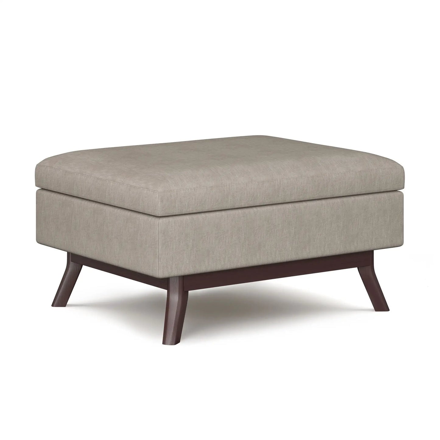 Owen upholstered rectangular storage ottoman in beige fabric with dark wood legs on Tampa Home & Garden Store