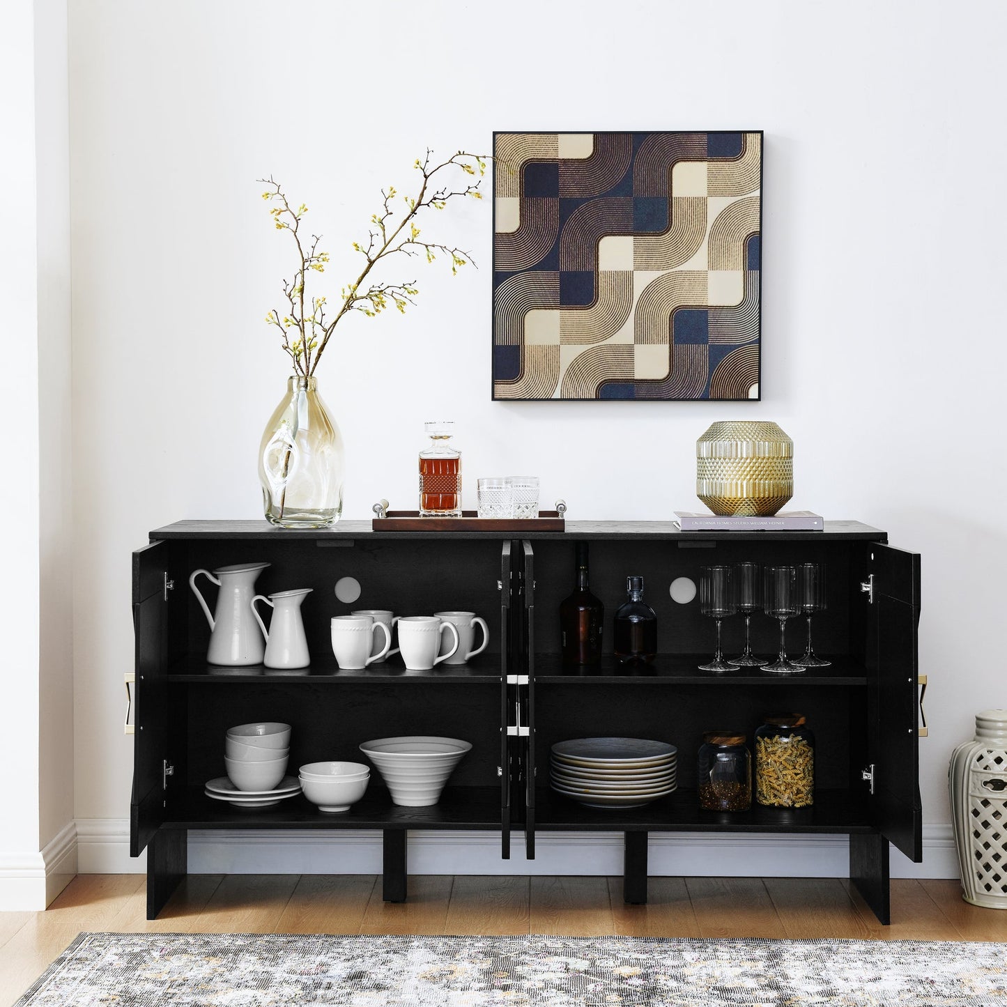 60in Mid Century Modern Sideboard Buffet by HouseOfZazla, black wood with storage on Tampa Home & Garden Store