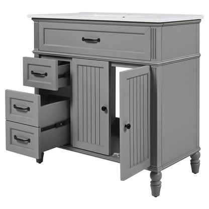 Bathroom vanity gray freestanding with white countertop, single top drawer and panel doors on Tampa Home & Garden Store