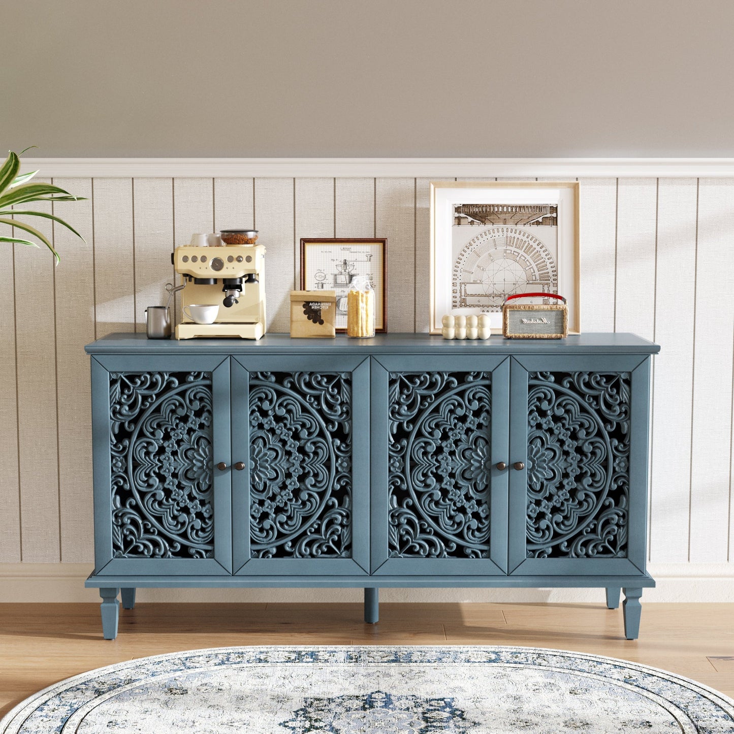 60-inch antique blue buffet cabinet by HouseOfZazla with floral carvings and adjustable shelves on Tampa Home & Garden Store