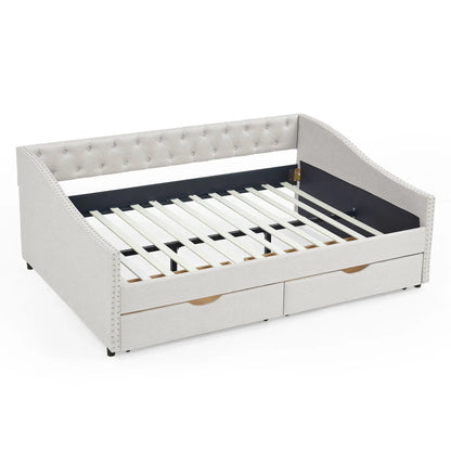 Upholstered Tufted Daybed With Drawers Waved Arms