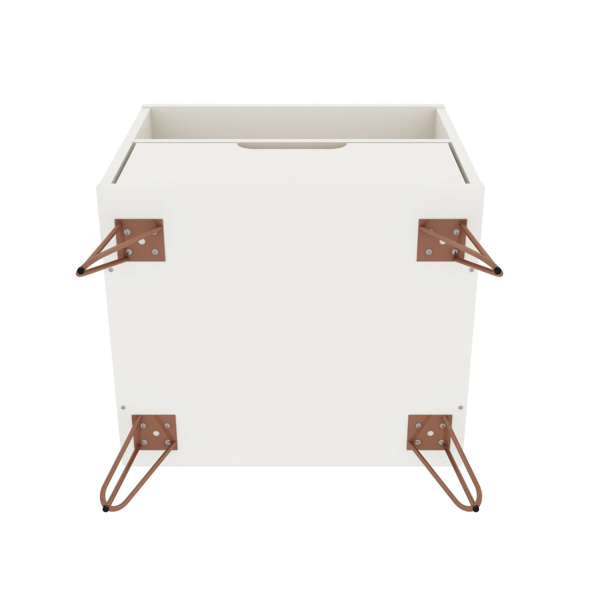 Rockefeller white nightstand with 1 drawer and copper metal hairpin legs on Tampa Home & Garden Store