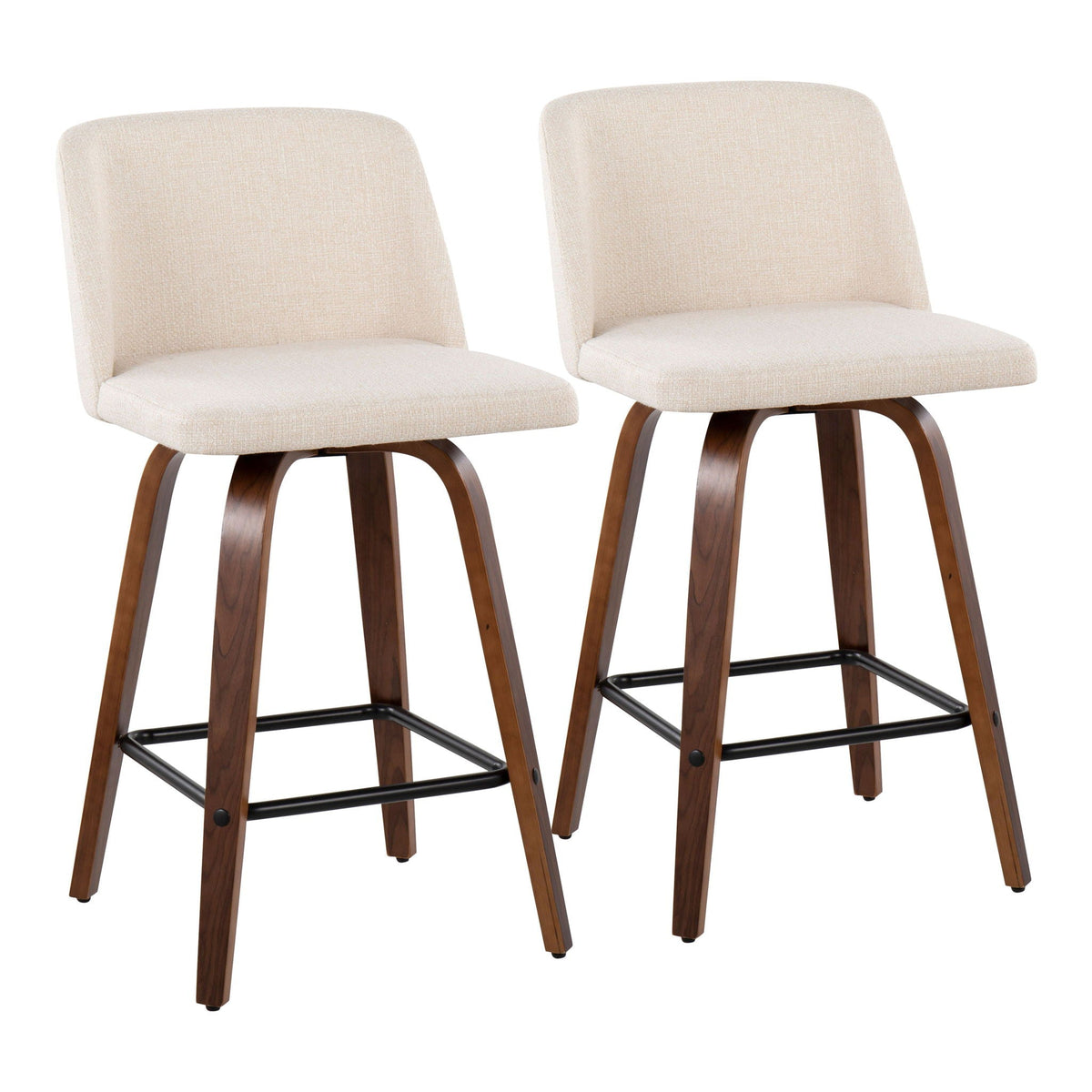 Toriano mid-century counter stools set of 2 in beige fabric with wood legs and square footrest on Tampa Home & Garden Store
