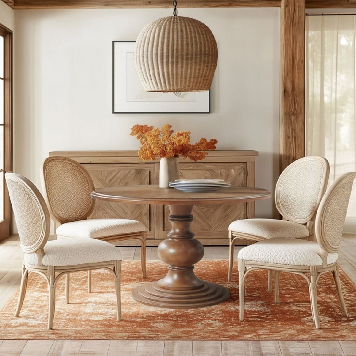 Walnut round pedestal dining table with diamond veneer top; 4 woven cane-back chairs on Tampa Home & Garden Store