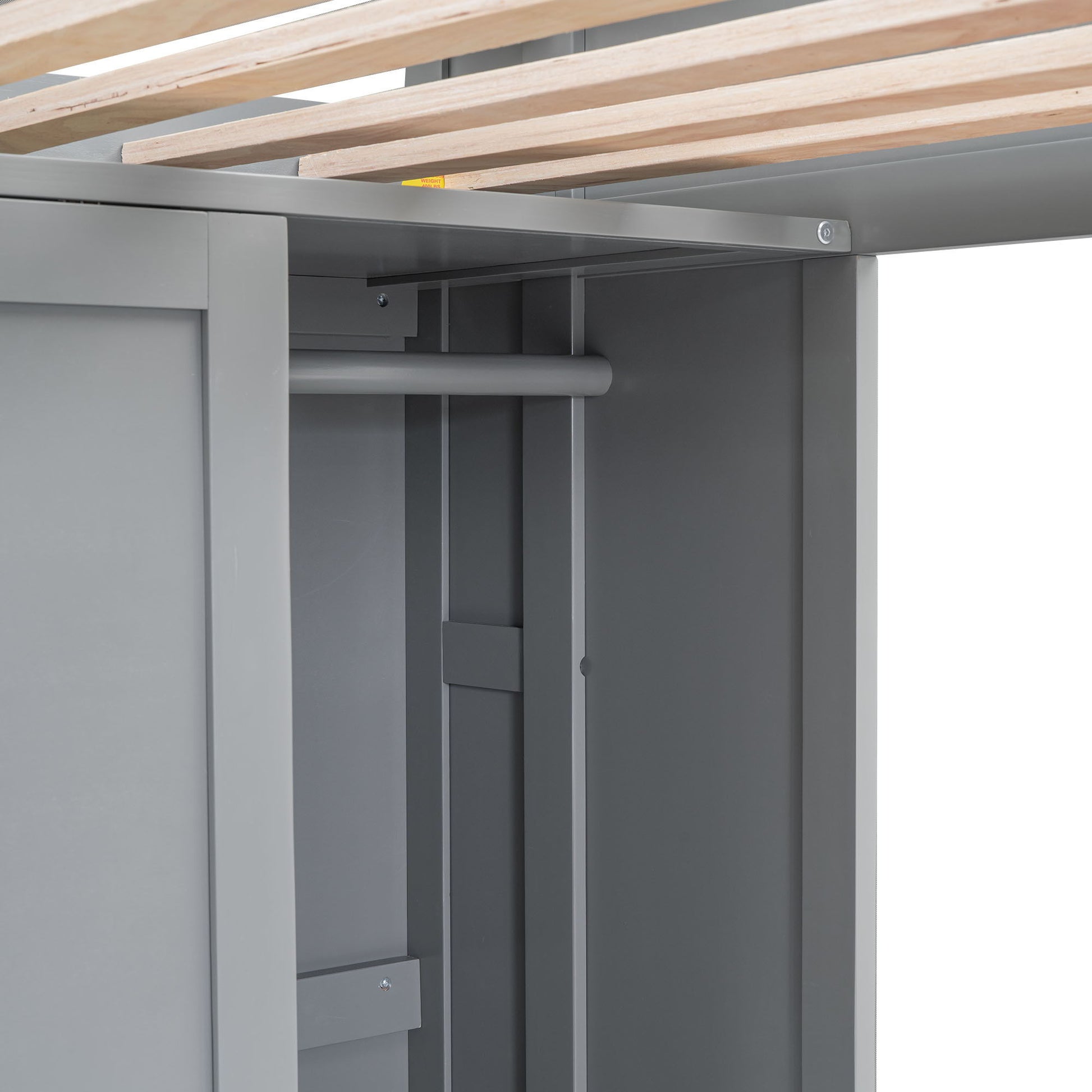 Loft bed frame in gray metal with natural wood slats and built-in desk/wardrobe storage on Tampa Home & Garden Store
