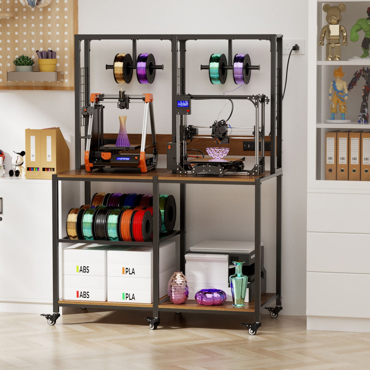 Double 3D Printer Stand and Filament Storage with dual printers, black metal frame on Tampa Home & Garden Store