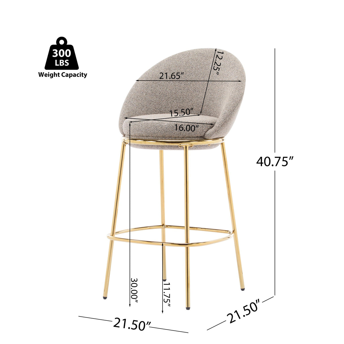 Celano upholstered barstool set of 2 by HouseOfZazla, gray fabric with gold legs on Tampa Home & Garden Store