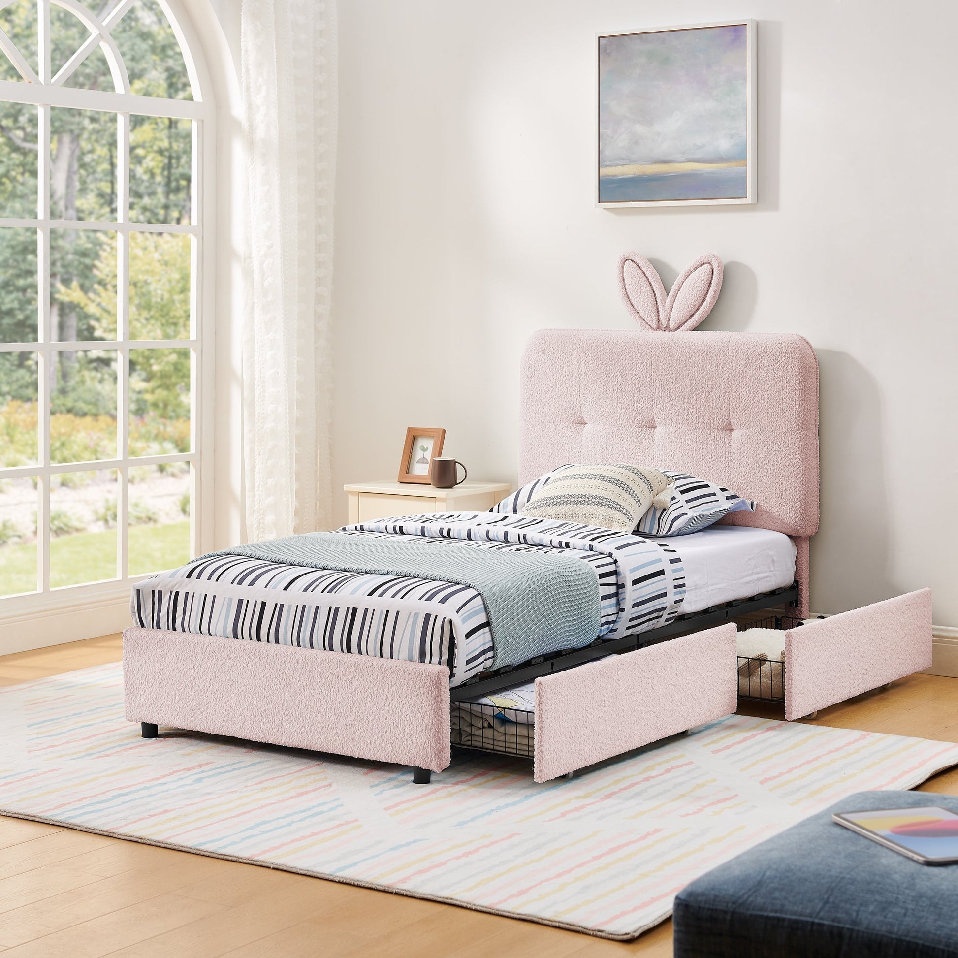 Twin Size Upholstered Bed with Oversized Rabbit Ear Headboard pink tufted fabric by HouseOfZazla on Tampa Home & Garden Store