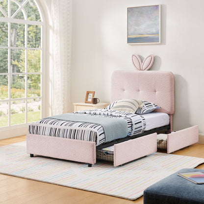Twin Size Upholstered Bed with Oversized Rabbit Ear Headboard pink tufted fabric by HouseOfZazla on Tampa Home & Garden Store