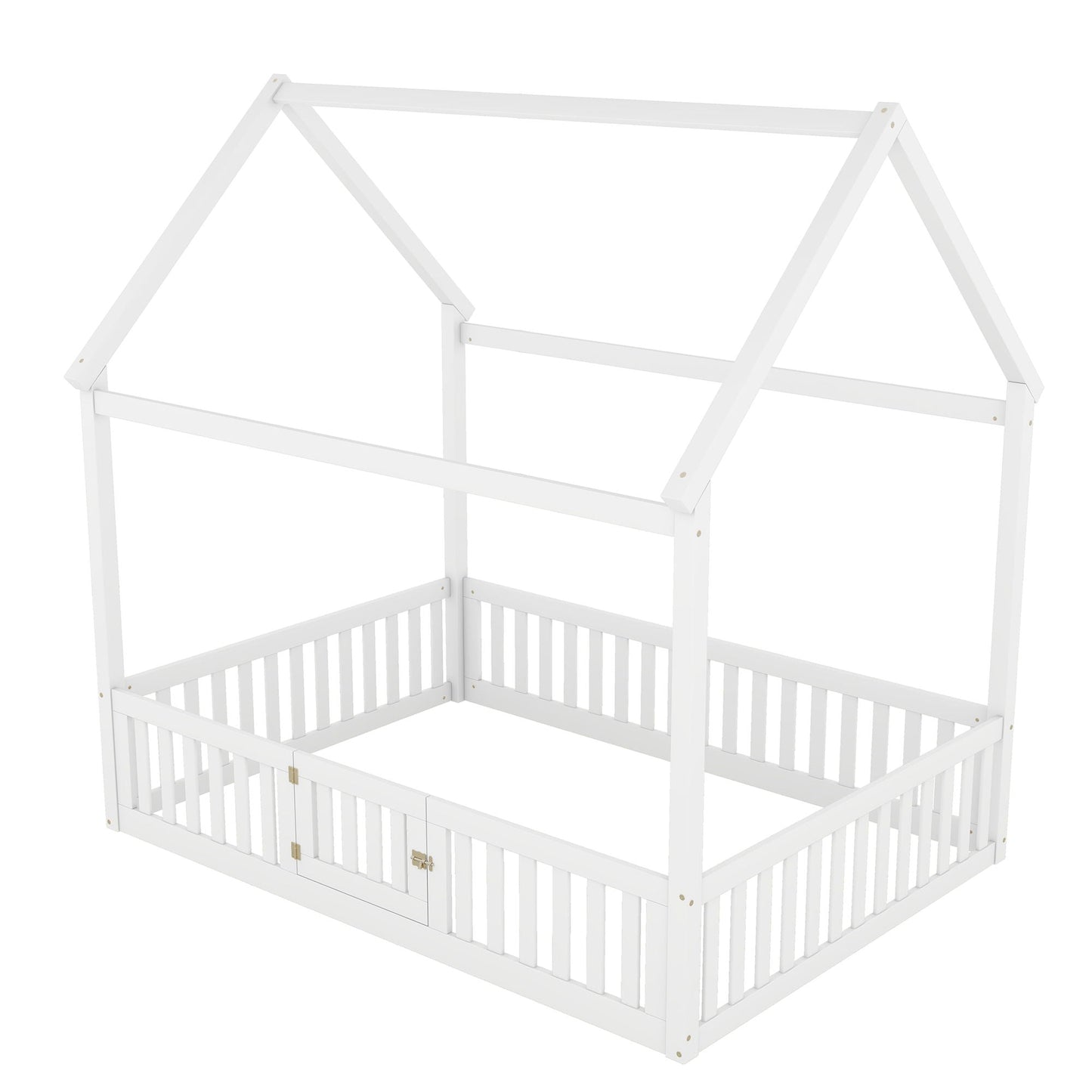 Wood House Bed With Fence And Door by HouseOfZazla, white wooden platform bed frame on Tampa Home & Garden Store
