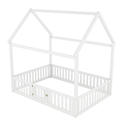 Wood House Bed With Fence And Door by HouseOfZazla, white wooden platform bed frame on Tampa Home & Garden Store