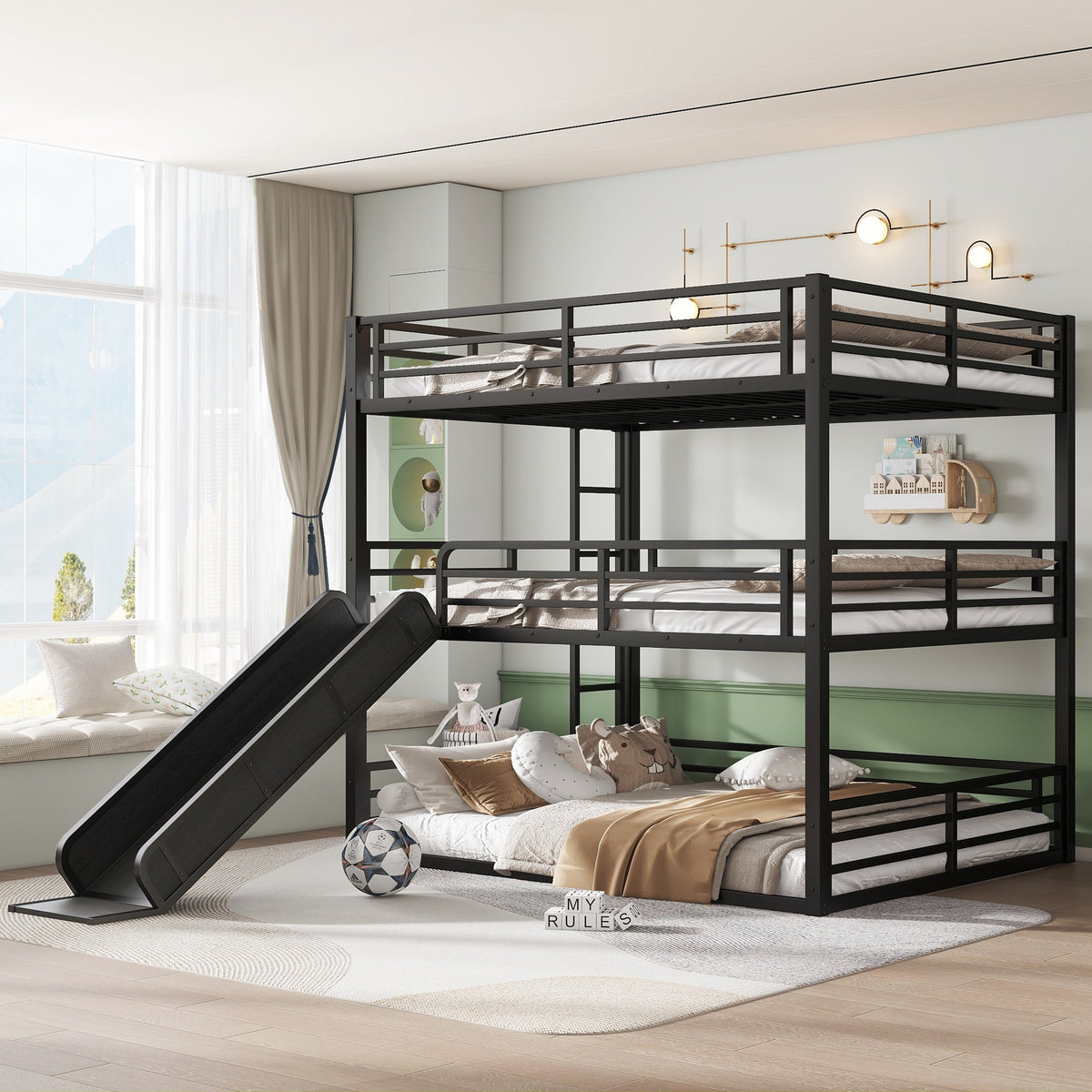 Queen Over Queen Over Queen bunk bed with slide in black metal frame by HouseOfZazla on Tampa Home & Garden Store