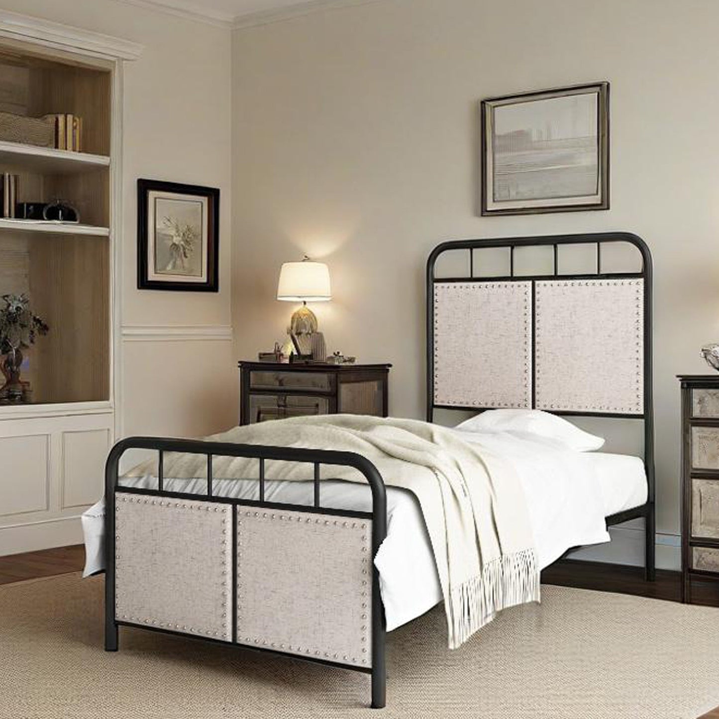 2 twin linen upholstered platform metal bed frames with fabric headboards and footboards on Tampa Home & Garden Store