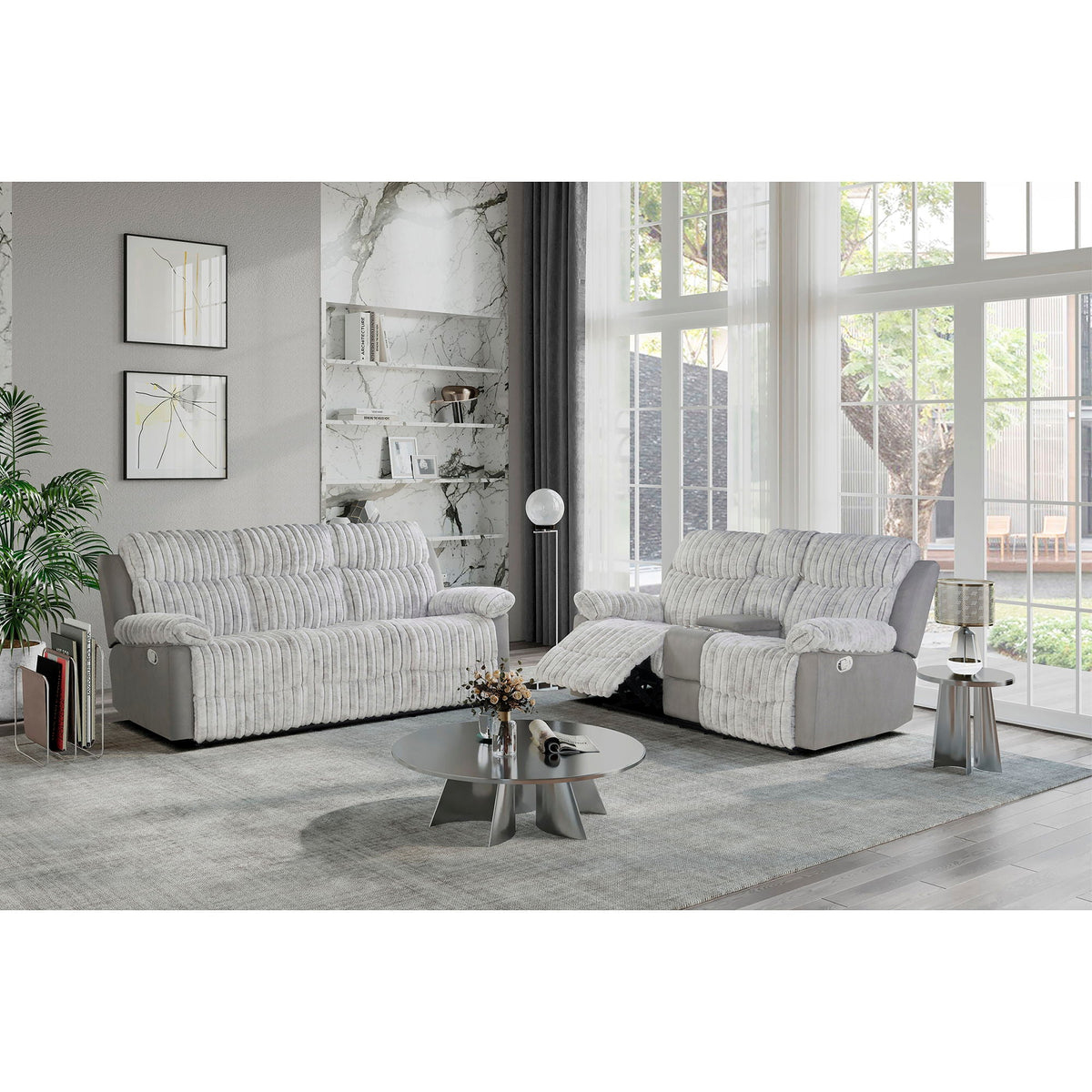 Bruni Manual Reclining Loveseat and Console two recliners in gray fabric by HouseOfZazla on Tampa Home & Garden Store