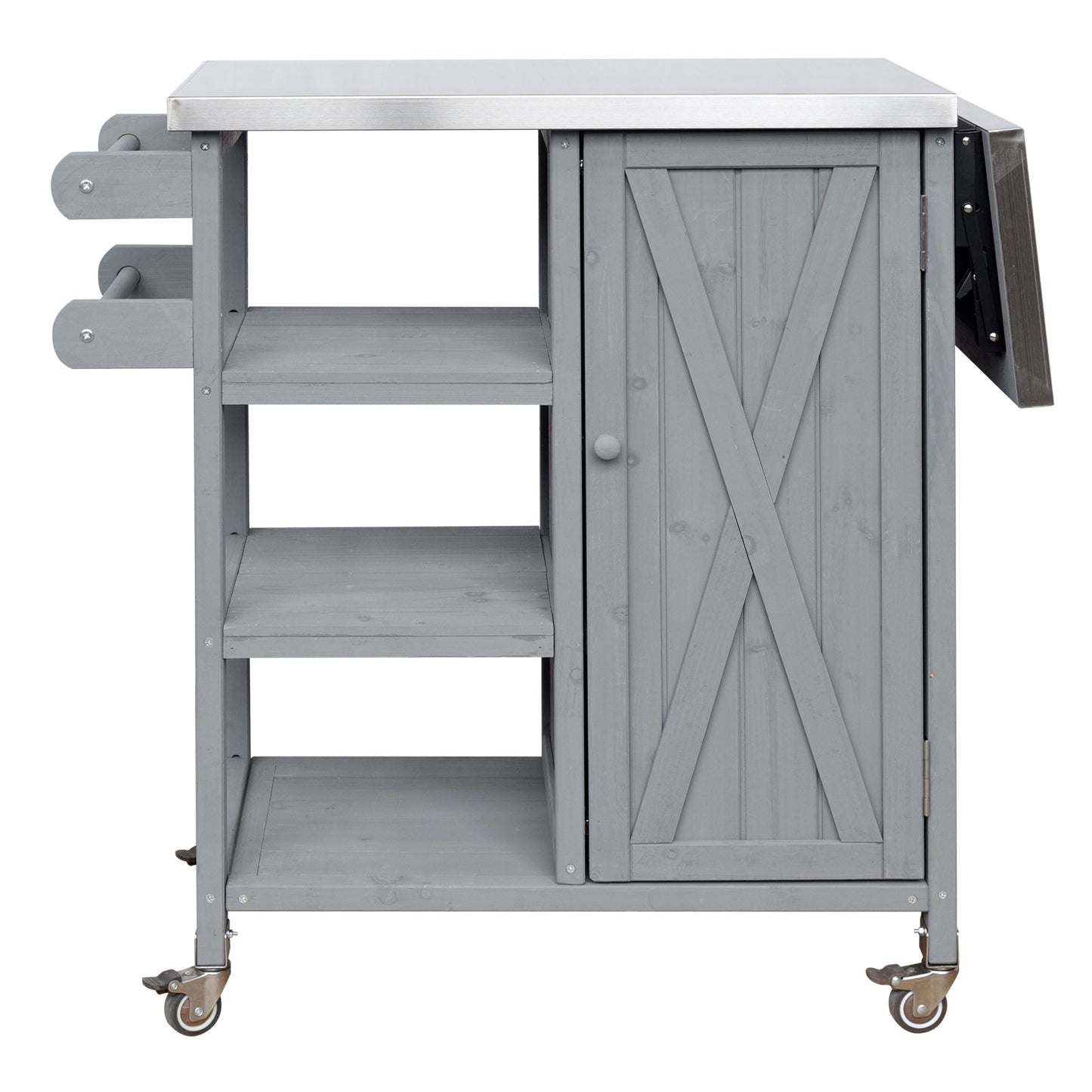 Foldable outdoor kitchen island cart with gray wood body and stainless steel top, caster wheels on Tampa Home & Garden Store