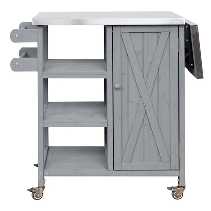 Foldable outdoor kitchen island cart with gray wood body and stainless steel top, caster wheels on Tampa Home & Garden Store