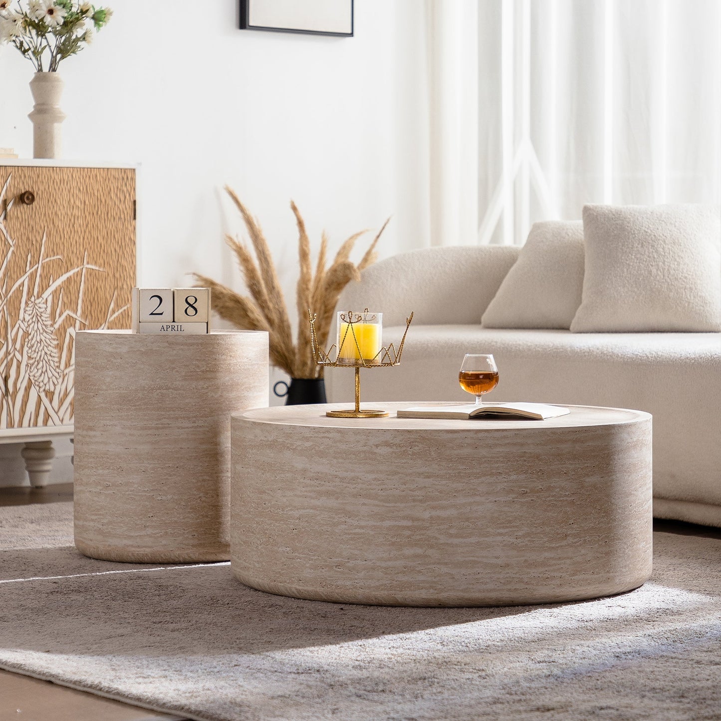 39.37in Mars Pattern Round Coffee Table set by HouseOfZazla; beige pair in a modern living room on Tampa Home & Garden Store