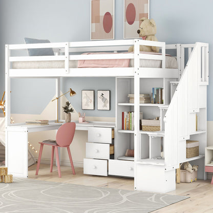 Loft bed with L-shaped desk, drawers, cabinet and storage staircase, white finish on Tampa Home & Garden Store